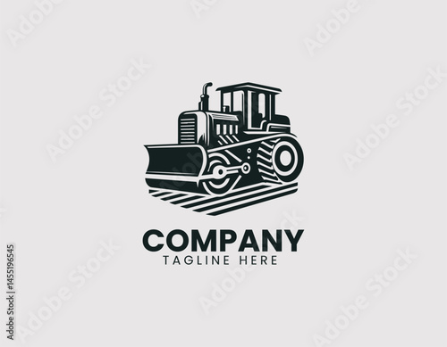 Grader heavy machinery vector logo illustration. Industrial construction equipment design in clean modern style.