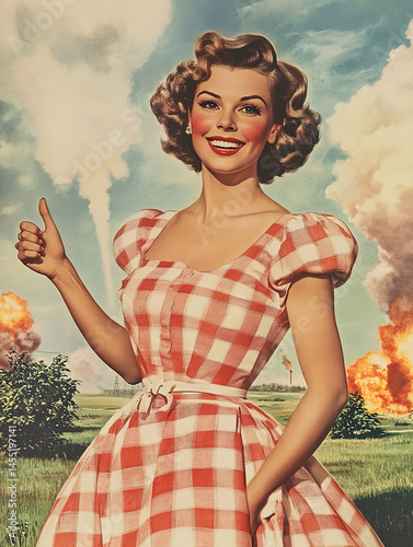 Vintage style advertisement with a smiling woman and an explosion in the background.