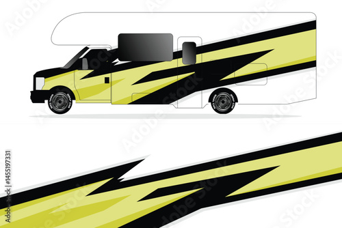 Vibrant camper van design with dynamic yellow stripes