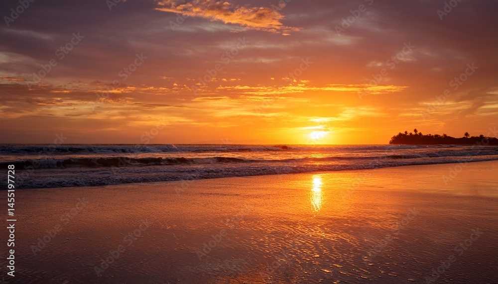 Obraz premium tranquil sunset over calm ocean with vibrant orange sky reflected in water on serene evening beach scene