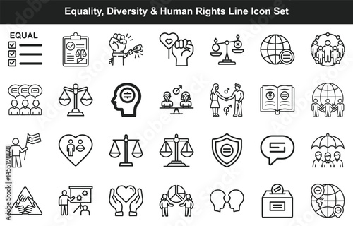 Black outline icon set illustrates themes of equality, diversity, and human rights for global accessibility
