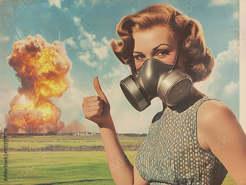 Vintage style advertisement with a smiling woman and an explosion in the background.