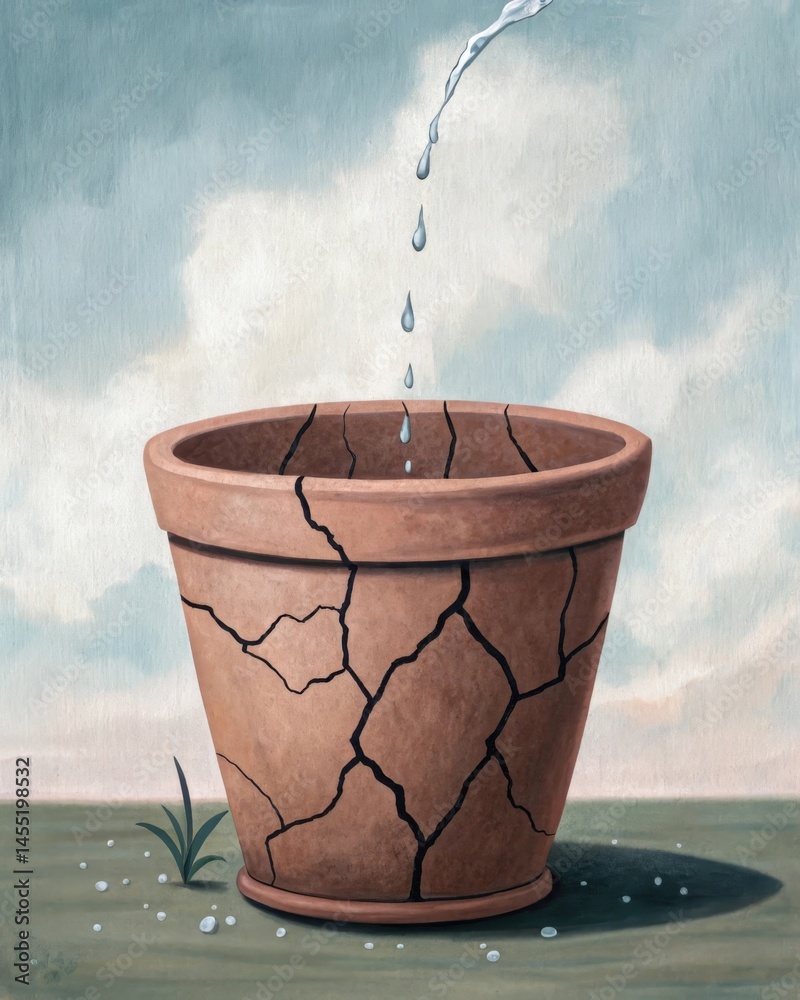 A cracked pot leaking water illustrating how imperfections can create unexpected beauty and nourish others.