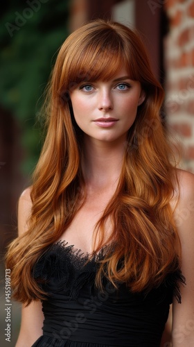 Elegant portrait of a beautiful woman with wavy red hair and striking blue eyes, wearing a dark, formal dress.