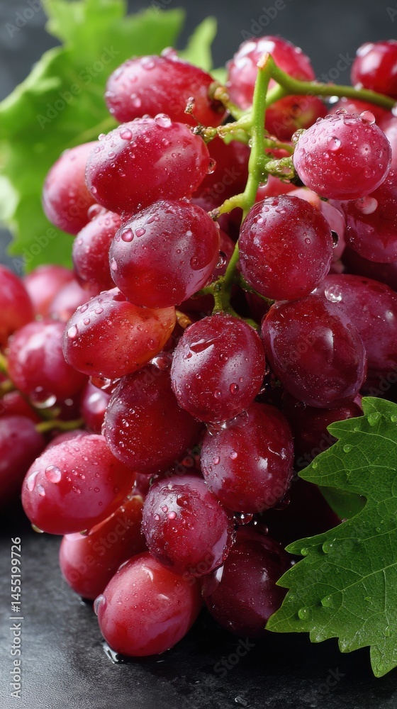 Fresh juicy red grapes bunch with green leaves covered with water droplets on a dark background, organic healthy fruits Fresh juicy red grapes bunch with green leaves covered with water droplets on a dark background, organic healthy fruits