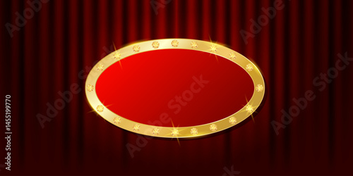 Vip wallpaper with golden shiny oval frame. Red curtains background with empty copy space. Premium vector illustration for cinema, casino, theater, events, show, opera, circus