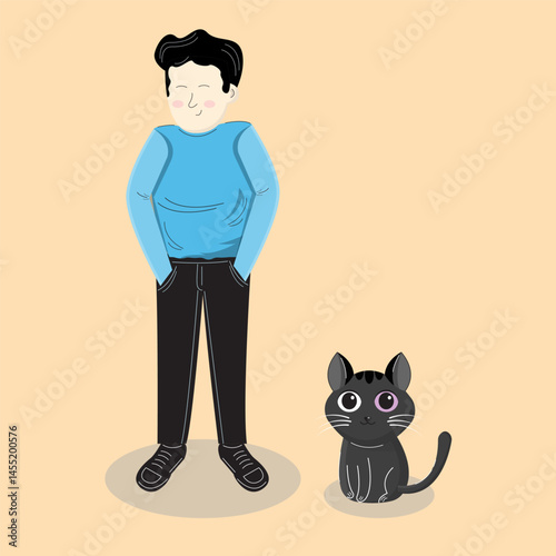 a boy with a black cat on an orange background