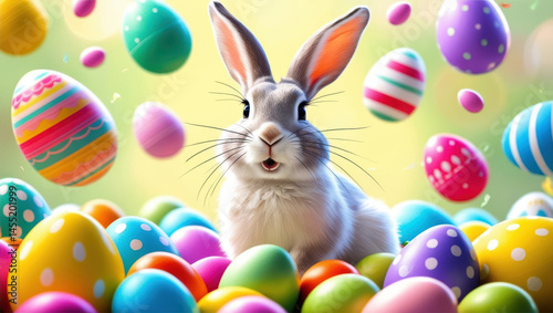 ​Adorable Easter Bunny Surrounded By Numerous Vibrantly Colored Easter Eggs, Capturing The Joy And Festivity Of The Easter Celebration.	
