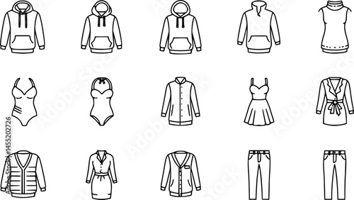 Clothes line icons set. Sweatshirt, hoody, pullover, bath suit, jacket, evening dress, cardigan, trousers visualization vector illustration. Outline signs of fashion apparel. Editable Stroke