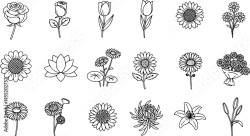 Flowers line icons set. Blooming plants - rose, tulip, daisy bouquet, sunflower, lotus, chamomile, dandelion, chrysanthemum, lily vector illustration. Outline signs for floral shop. Editable Stroke