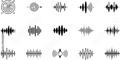 Sound waves flat line icons set. Vibration, soundwave, audio voice signal, abstract waveform frequency vector illustrations. Outline pictogram for music app. Editable Strokes