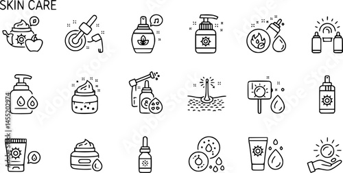 Skin care line icons set. Moisture cream, acid, anti wrinkle serum, ceramide, collagen, retinol compound, sunscreen vector illustration. Outline signs for skincare products property. Editable Stroke