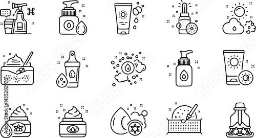 Skin care line icons set. Moisture cream, acid, anti wrinkle serum, ceramide, collagen, retinol compound, sunscreen vector illustration. Outline signs for skincare products property. Editable Stroke
