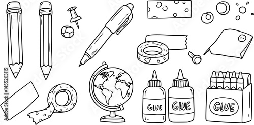 Stationery doodle icon set. Art education line hand drawn elements - pencil, pen, washi tape, globe, glue, crayons hand drawn school supply illustration