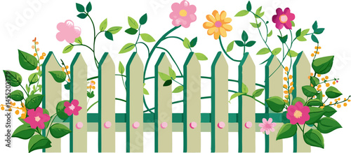A charming illustration of a light green and white picket fence adorned with various colorful flowers and green foliage.
