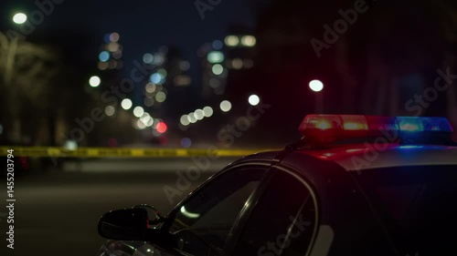 Police car patrolling through a city street, showcasing urban law enforcement, safety, and security, with the vehicle driving through busy roads and city buildings, symbolizing protection and vigilanc