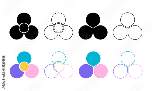 Set of flowers with 3 petals. Floral pie charts divided on three equal fragments in leaf shapes isolated on white background. Fan, propeller or pinwheel toy silhouettes. Vector graphic illustration.