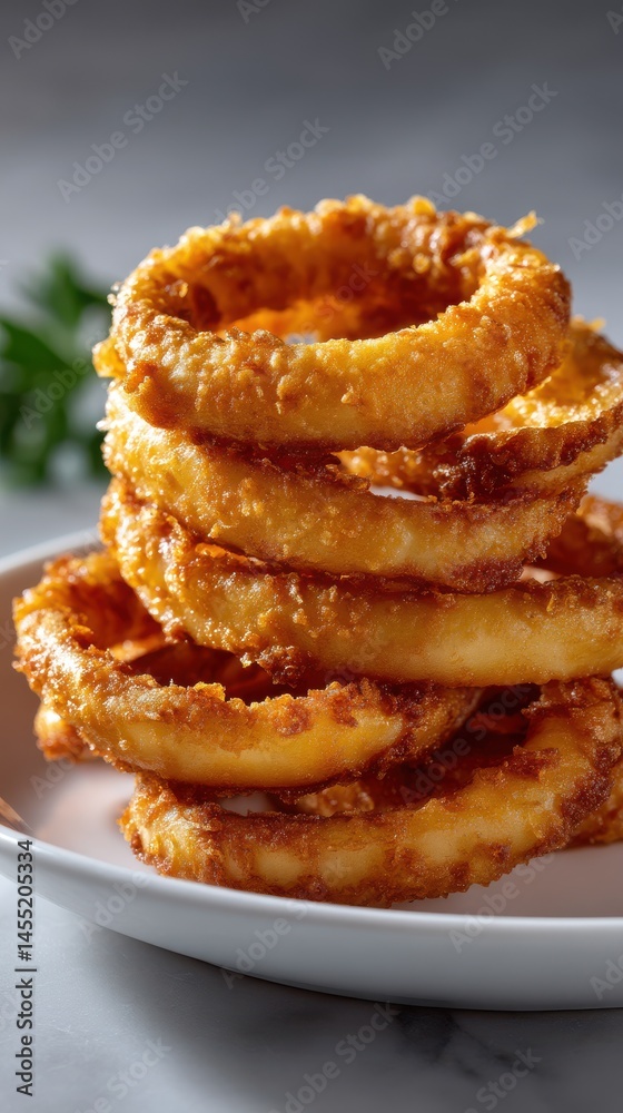 Stack of Crispy, Golden Fried Onion Rings on a White Plate, Served with Parsley garnish Stack of Crispy, Golden Fried Onion Rings on a White Plate, Served with Parsley garnish