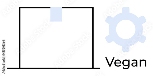 Black outlined box with top tape beside a light blue gear icon and Vegan text. Ideal for product packaging, sustainability, ethical lifestyle, technology, minimalism, eco-conscious branding, flat