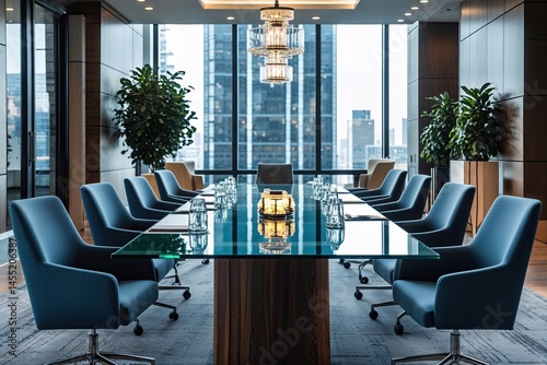 Elegant Corporate Meeting Room Featuring Modern Glass Table and Chic Seating