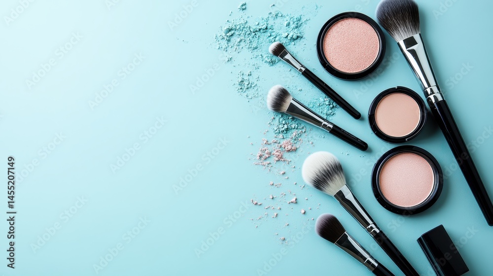 Flat lay of makeup items and brushes on light blue background. Flat lay of makeup items and brushes on light blue background.