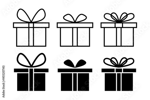 Set of gift box icons and silhouettes. Symbols of present packages with ribbon bows isolated on white background. Birthday, wedding or Christmas giftboxes pictograms. Vector graphic illustration.