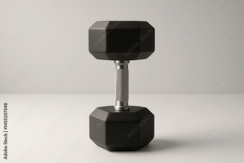 Black dumbbell standing on white background representing fitness and exercise Black dumbbell standing on white background representing fitness and exercise