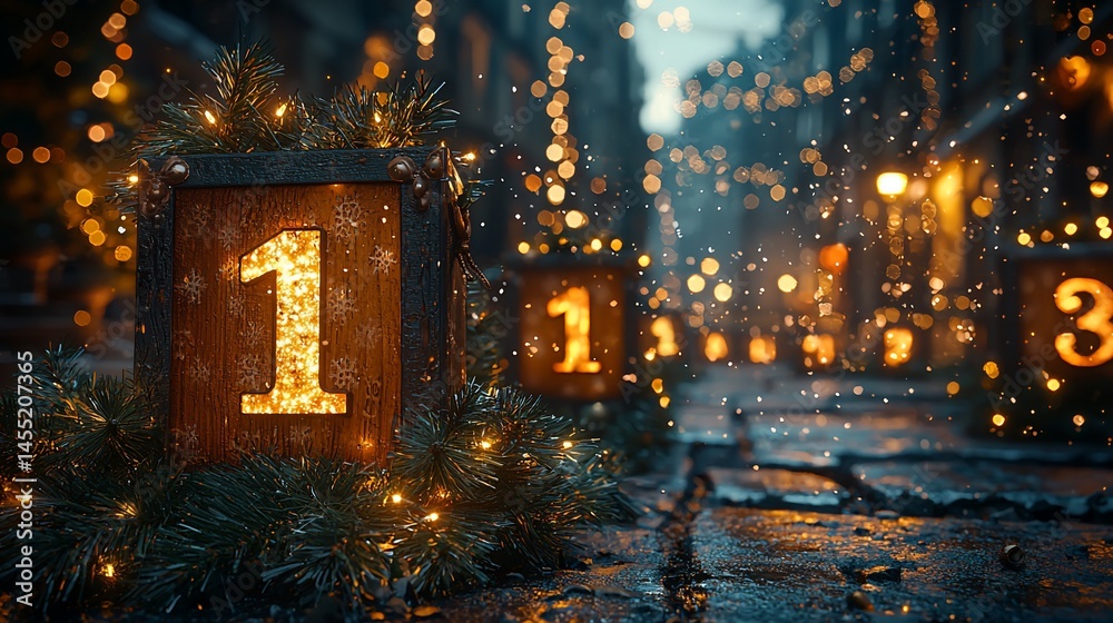 Obraz premium Festive Christmas countdown in a snowy night street