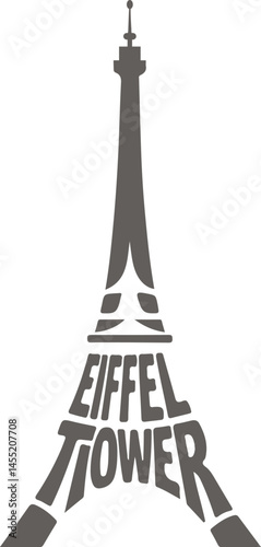 Stylized black vector illustration of the Eiffel Tower with text forming its shape, ideal for travel or landmark design themes