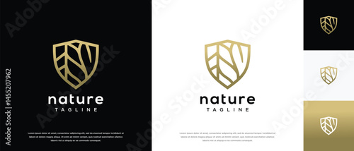 Nature security shield logo design. Shield logo design vector icon with leaves.