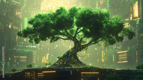 Digital tree growing taller in lush green environment. [Gilded Mechanica] | Circuit Buds | digital flora. Illustration