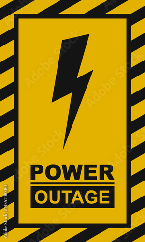 Power outage warning vertical poster. Blackout poster icon and sign on a black and yellow vector background.