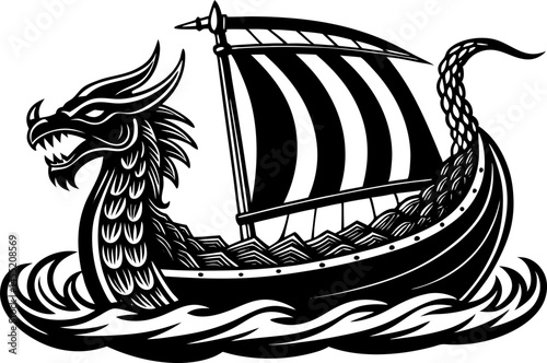 A black and white illustration of a Viking longship with a dragon head figurehead, a striped sail, and oars, sailing on stylized waves.