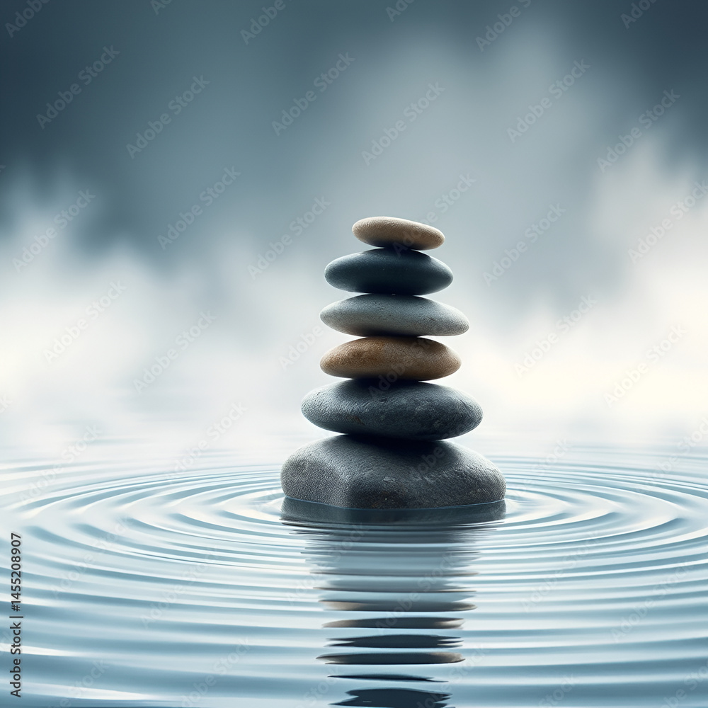 Zen Stones on Tranquil Water with Soft Fog – Spiritual Minimal Art, No 107 Zen Stones on Tranquil Water with Soft Fog – Spiritual Minimal Art, No 107
