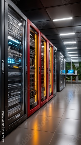 Network servers in a data center with brightly colored borders in a row and a terminal in the background