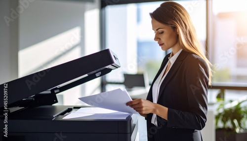 A female employee checking and organizing documents in front of the printer