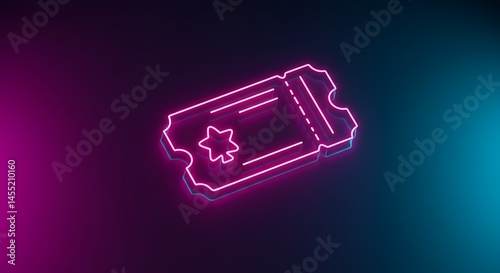 Illustration of pink neon ticket with star, against pink and blue background