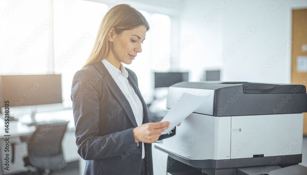 A female employee checking and organizing documents in front of the printer A female employee checking and organizing documents in front of the printer
