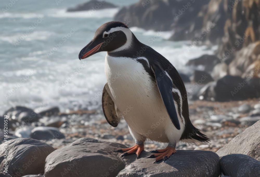 Fototapeta premium Humboldt penguin preening feathers on rocky coast , water, seabird, feather
