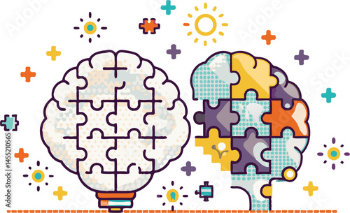 An illustration two brain concepts: one as a puzzle-piece lightbulb representing ideas, and the other as a head profile filled with diverse puzzle pieces representing different aspects of the mind.