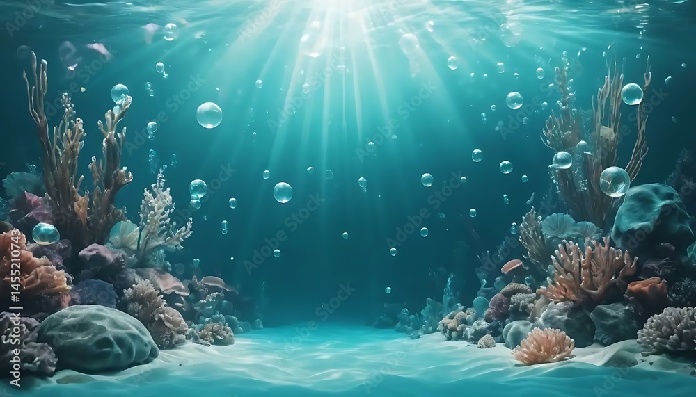 Fototapeta premium Sunlight streams through turquoise water onto the seabed, illuminating coral and rising bubbles.
