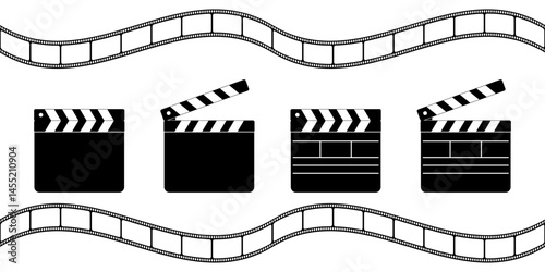 Clapper board icons and wavy film strips isolated on white background. Closed and open movie clapboard silhouettes. Camera and action concept. Cinema production objects. Vector graphic illustration.