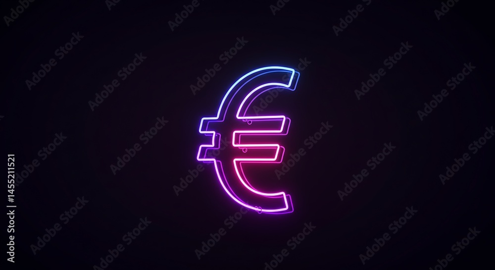 Neon Euro symbol glows on a dark backdrop with blue and pink shades. Neon Euro symbol glows on a dark backdrop with blue and pink shades.