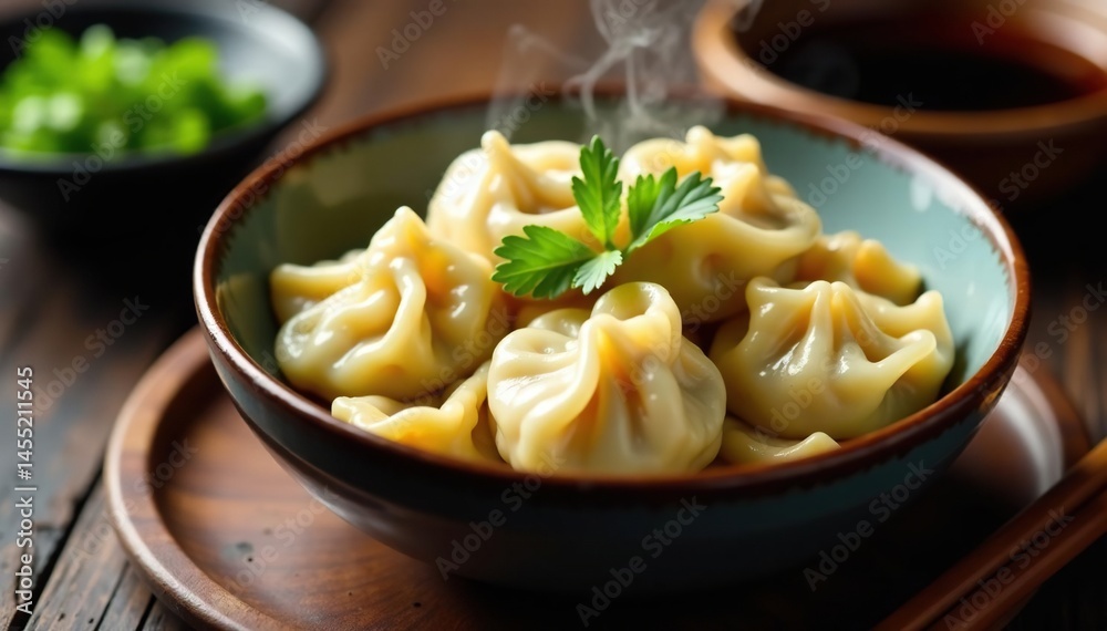 Steaming bowl of dumplings, chopsticks, soy sauce dish , meal, soy sauce, chopsticks Steaming bowl of dumplings, chopsticks, soy sauce dish , meal, soy sauce, chopsticks