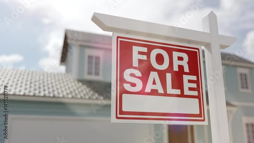 4k Zoom of For Sale Real Estate Sign and New House.