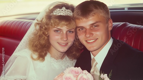 Newlywed couple in vintage car, bride in lace dress and tiara, groom in suit, pink roses bouquet; classic wedding portrait.