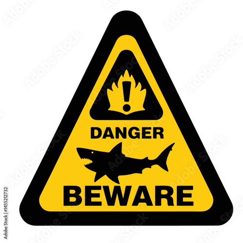 Danger Beware Shark Warning Sign Yellow Black Triangle Vector Art