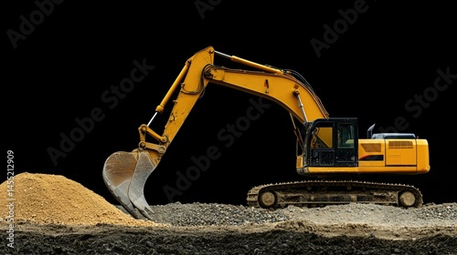 Yellow excavator digging pile of sand and gravel against a black background.  Heavy machinery at construction site.  Industrial equipment, earthmoving.