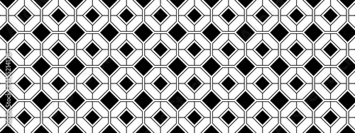 Tile floor or wall pattern with hexagon and square shapes. Ceramic mosaic texture in vintage style. Cafe or restaurant interior ornament. Black and white geometric print. Vector graphic illustration.