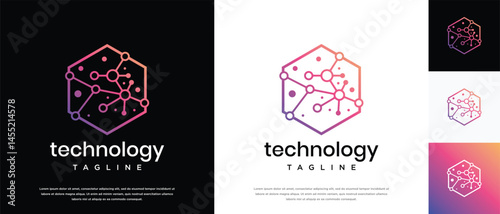 Technology connection hexagon logo design. Technology connection logo template. Technology logo symbol icon	